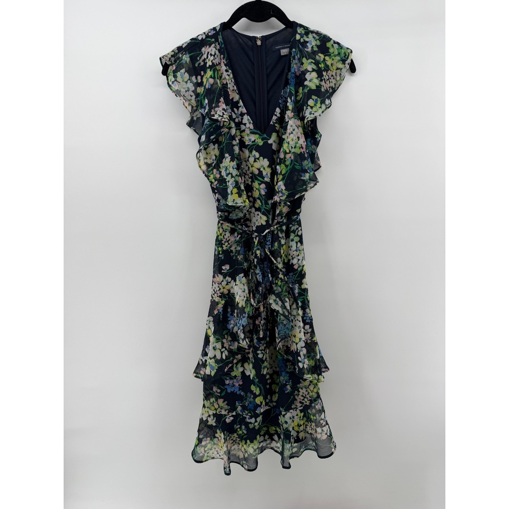 Tommy Hilfiger Navy Blue Floral Ruffle Chiffon Tiered Wrap Dress Size 2